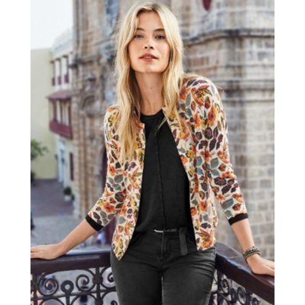 Garnet Hill Merino Wool Hummingbird Floral Cardigan Sweater XL Novelty Birds